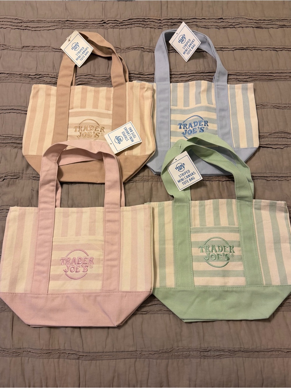 Set of 4 MINI Trader Joe’s  Stripe Canvas Tote Bag - Pink, Green, Blue, Tan